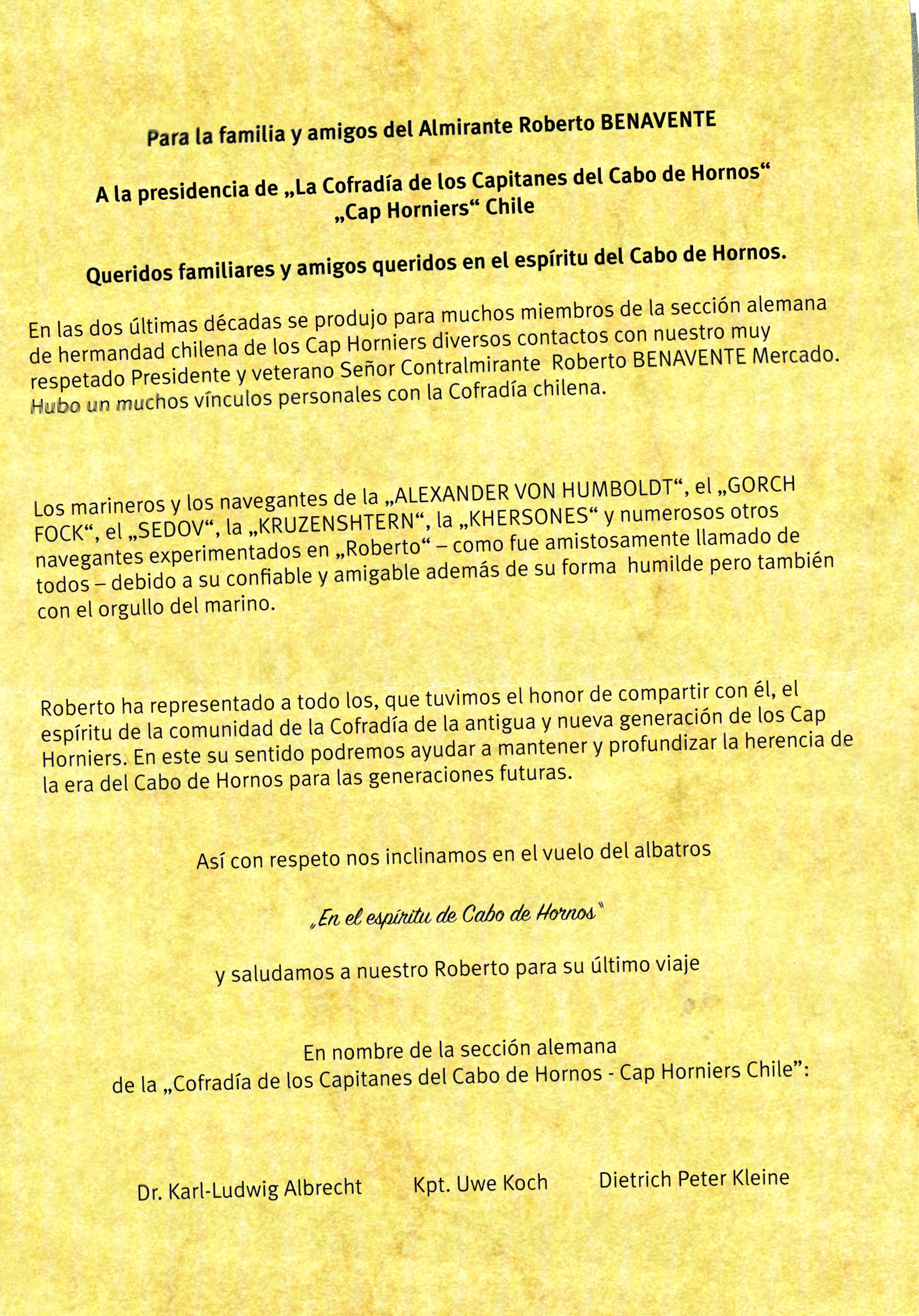 HOMENAJE DE NUESTRA SECCIÓN ALEMANA AL CONTRAALMIRANTE ROBERTO BENAVENTE MERCADO (QEPD)